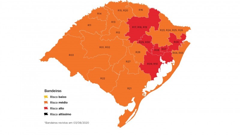 Mapa definitivo, em vigor a partir desta terça (4/8), tem seis regiões em bandeira vermelha e 14 em laranja